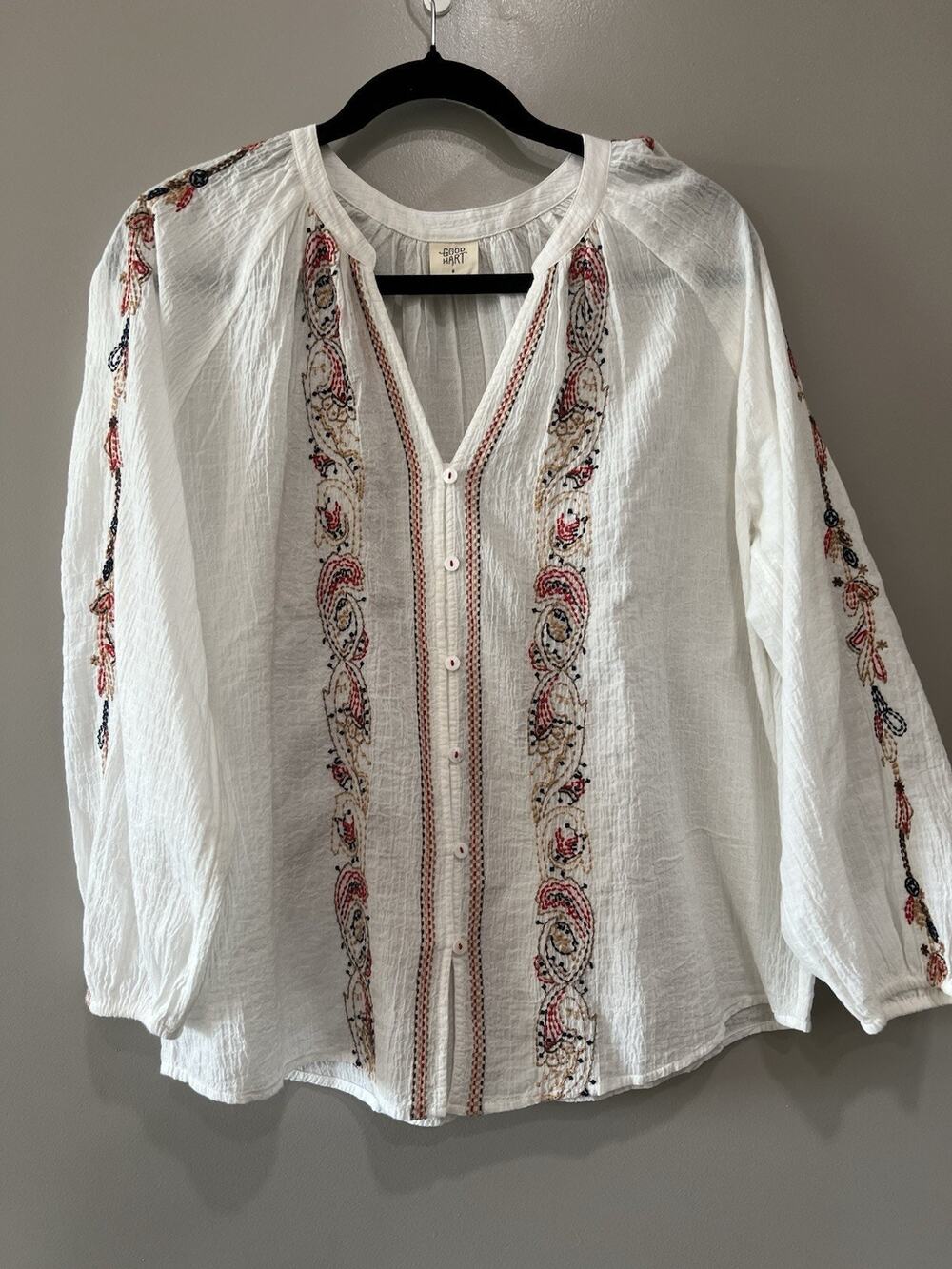 Good Hart White kantha Embroidered Crinkled Gauze Blouse Relaxed Size S fits L